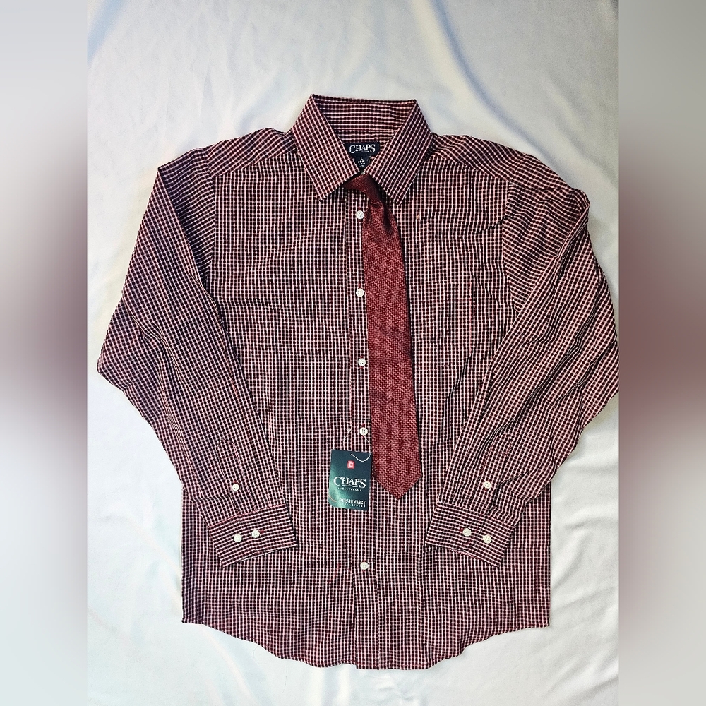 Chaps Boys Shirt And Clip-On Tie Set- Red Gingham Check- Size 14/16- NWT
